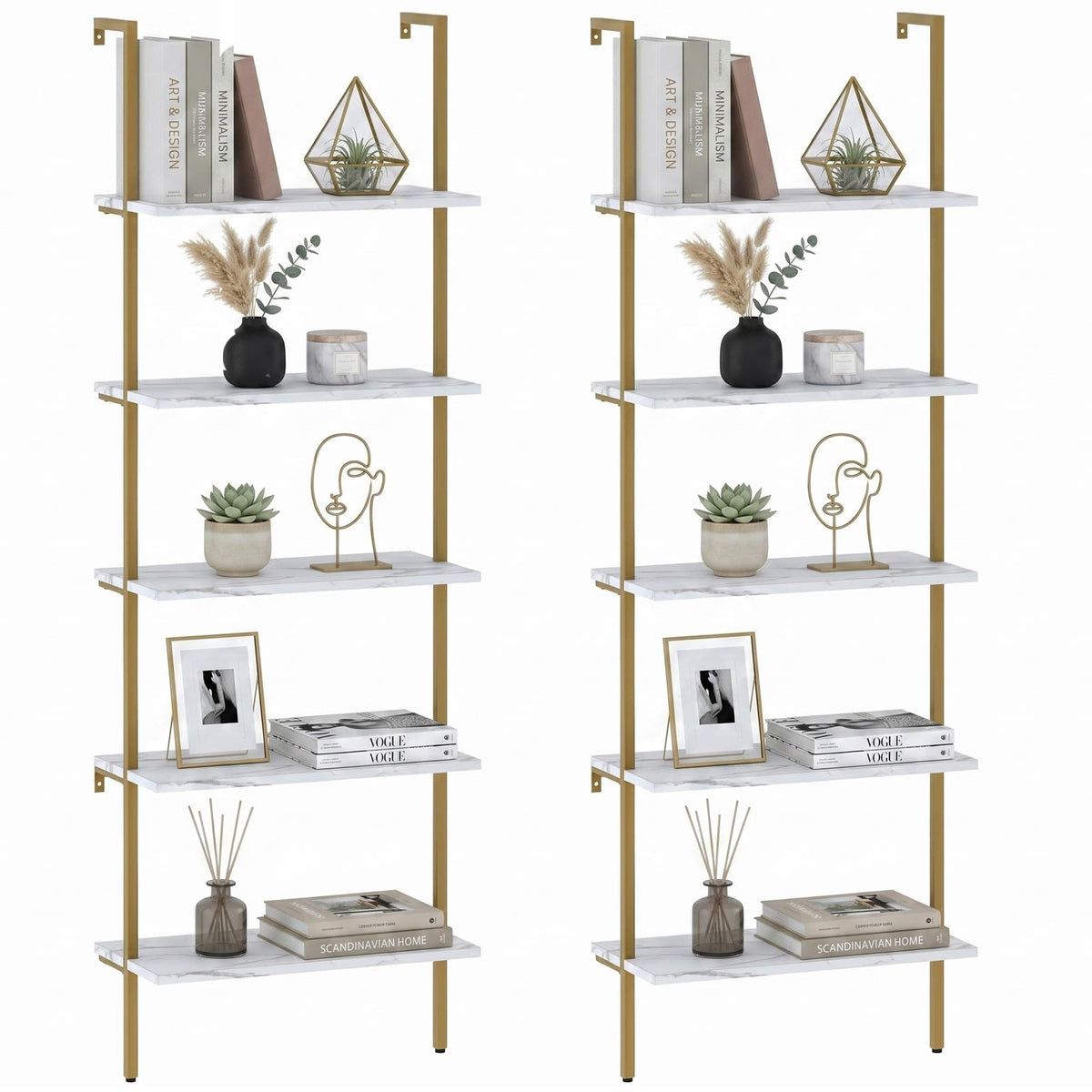 aboxoo Ladder Shelf 2PCS White Marble Bookshelf 5-Tier Wall-Mounted Wood Rack Open Industrial Modern Plant Flower Stand Utility Organizer Bookcase Metal Frame Furniture Office Kitchen Bedroom