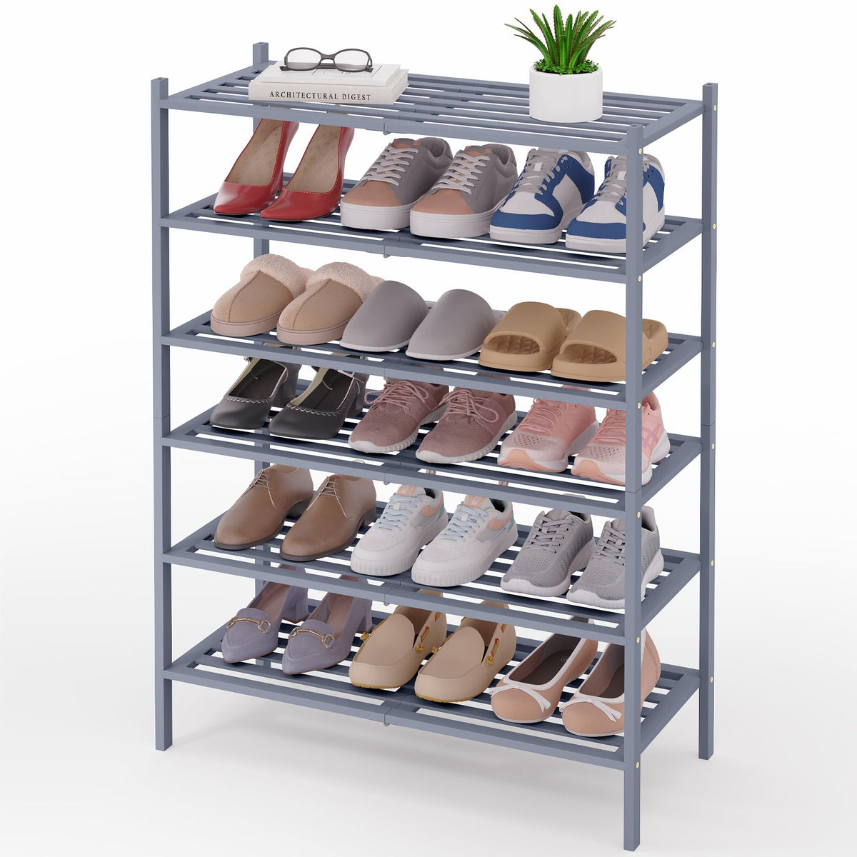 Smiry Bamboo Shoe Rack, 5 Horizontal Slats, 6 Tier - 26.8" Wide, Grey