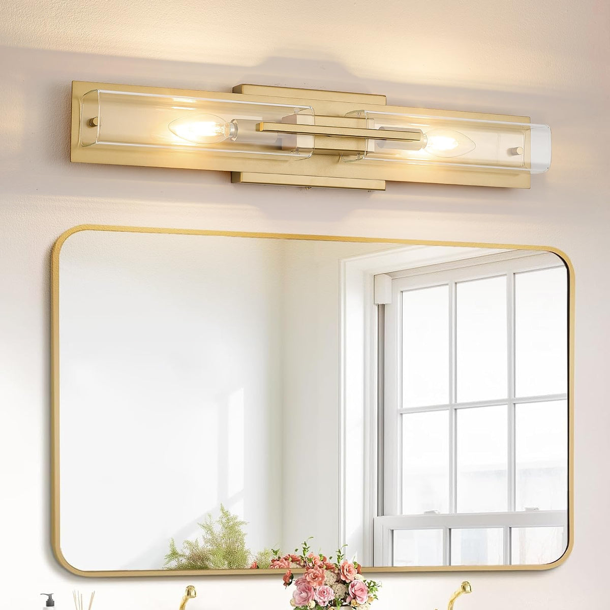 VitaLink Modern Bathroom Vanity Light Fixtures, 24-Inch Gold Modern Glass Bathroom Wall Lighting Fixtures Over Mirror Wall Mounting Lighting for Living Rooms Hallways Bedrooms