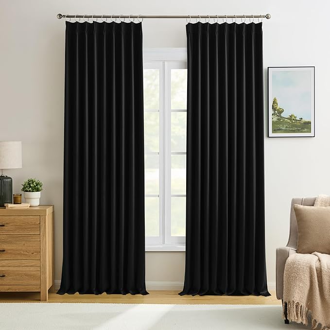 KEQIAOSUOCAI Black Pinch Pleated 60 Inch Wide Curtains 60 x 90, Thermal Insulated Noise Cancelling Living Room Office Drapes 90 Inches Long, Patio Sliding Glass Door Window Curtain 2 Panels