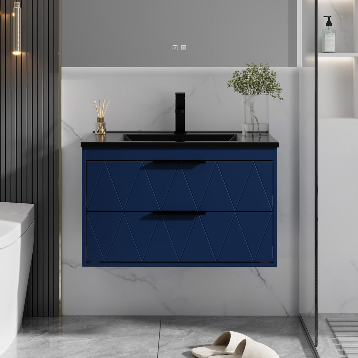 eclife 30" Floating Bathroom Vanity with Sink Combo, Modern Wall-Mounted Vanities Cabinet W/Decor Lines, Soft-Closing Drawers, Single Black Sink, Faucet & Drain, Blue