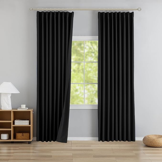DONREN Black Pinch Pleated Blackout Curtains with Hooks - 108 inch Length Room Darkening Thermal Insulated Window Curtain Panels for Living Room Bedroom 2 Panel 40" Wx108 L