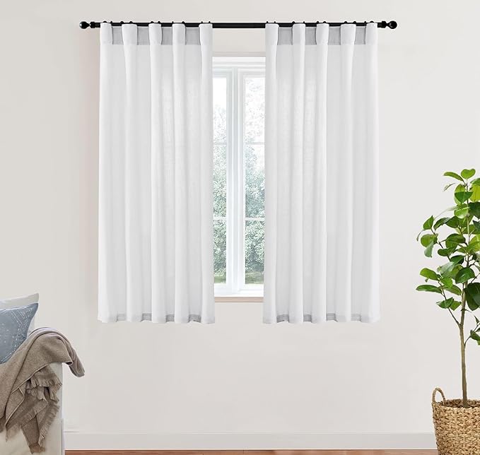 XTMYI 54 Inch Length White Short Curtains for Windows Living Room,Semi Sheer Linen Cotton Curtains for Bathroom Window Bedroom,54 in Long