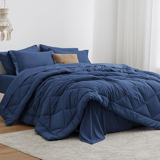Love's cabin Full Comforter Set Dark Blue, 7 Pieces Full Bed in a Bag, All Season Bedding Sets with 1 Comforter, 1 Flat Sheet, 1 Fitted Sheet, 2 Pillowcase and 2 Pillow Sham