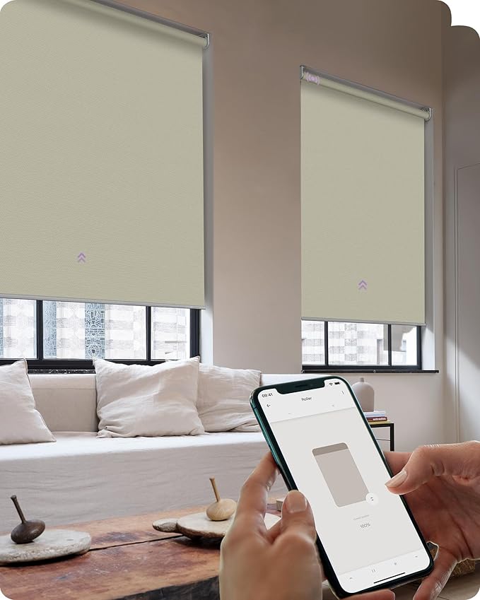 Graywind Smart Roller Shades 100% Blackout Window Blinds with APP Control Customized Automatic Shades for Home and Office(34" Wx72 H,Beige)