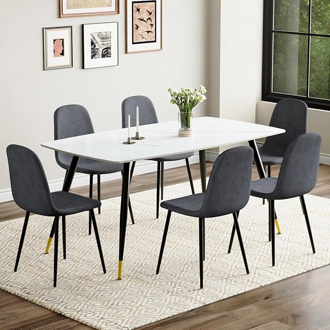 Modern Dining Table Set for 6, Dining Table Chairs Set of 6, Sintered Stone Kitchen Table Top and Modern Chairs Set of 6 for Kitchen Dining Room