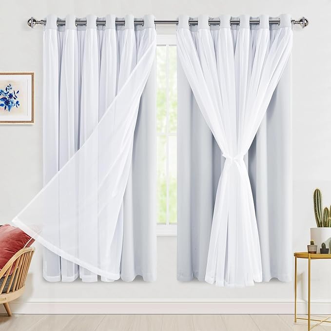 Hiasan Greyish White Blackout Curtains with Sheer Overlay, Grommet Thermal Insulated Mix & Match Double Layer Window Curtains for Girls Bedroom, Living Room, 2 Panels Sewn with Tiebacks, 70W X 63L