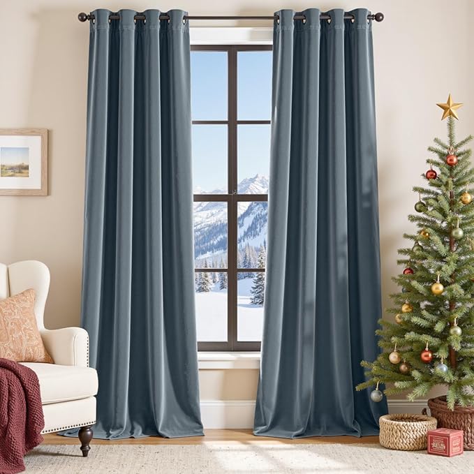 Lazzzy Blackout Velvet Blue Thermal Insulated Curtains 108 Inch Extra Long Drapes for Bedroom Living Room Window Treatments Grommet Luxury Drapes Set of 2 Panels Dark Slate