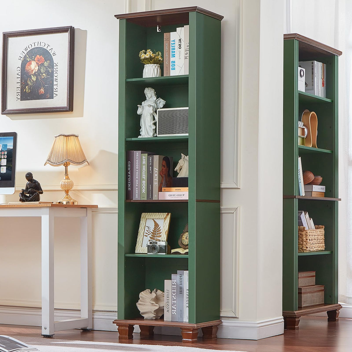 SAVOR LIFE Narrow Green Book Shelf, 70" Tall Skinny Bookshelf with Adjustable Shelves & Wooden Legs, Farmhouse Wood Bookcase w/5-Tier Open Storage, Free Standing Book Case for Office, Living Room