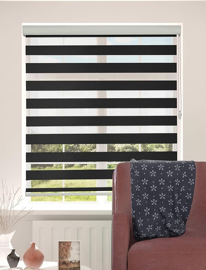Shadesu Custom Size Zebra Blinds for Windows, 45" W x 72 H, Black, Dual Layer Free-Stop Zebra Shades, Light Control for Day and Night, Sheer Blinds for Indoor Windows, Bedroom, Kitchen