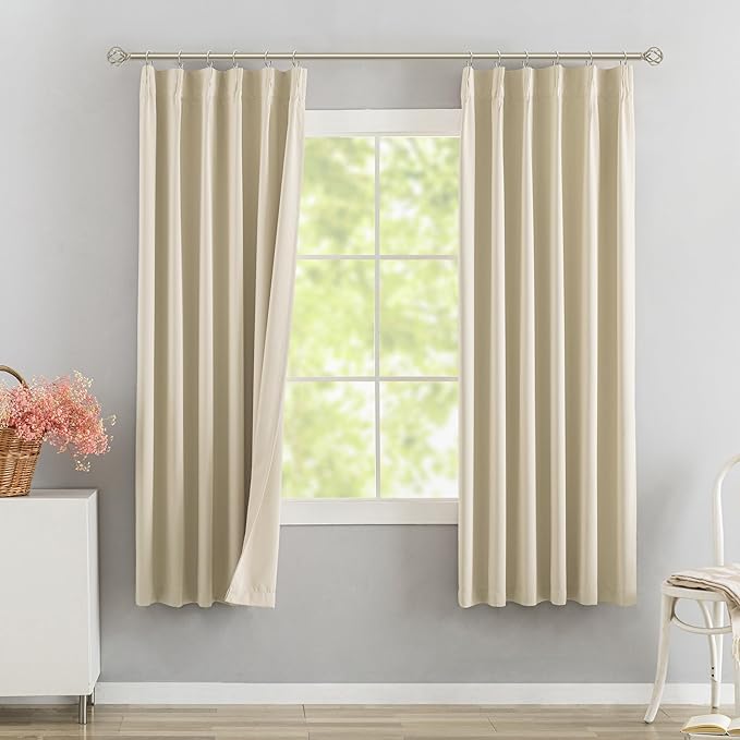 DONREN Cream Pinch Pleated Blackout Curtains with Hooks - 63 inch Length Room Darkening Thermal Insulated Short Window Curtain Panels for Bathroom Kids Room 2 Panel 40" Wx63 L