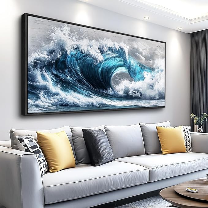 PHAOHUAXM Blue Wave lPaintings Wall Art For Living Room Wall Decor For Bedroom Ocean Inspiration Wall Pictures Office Decor Posters Modern Printing Canvas Artwork Home Decor Black Framed 20x40 In