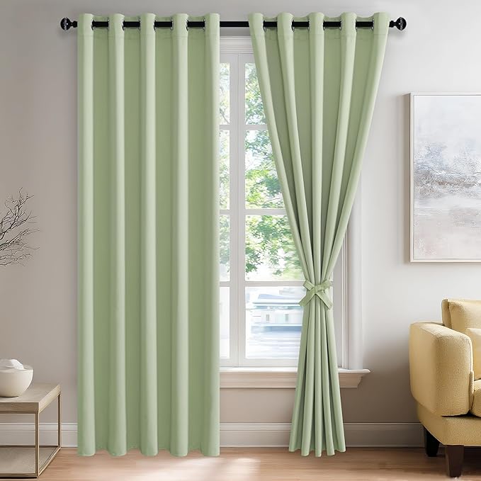 JIUZHEN Light Green Blackout Curtains with Tiebacks Thermal Insulated, Light Blocking and Noise Reducing Grommet Curtains for and Living Room, Set of 2 Window Curtain Panels, 60 x 84 Inch Length