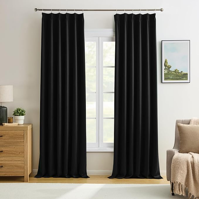 KEQIAOSUOCAI Black Curtains Blackout 100 Inches Long, Luxury Faux Silk Polyester Pinch Pleated Thermal Insulated Black Out Curtains with Hooks for Bedroom Living Room Home Office 40 x 100