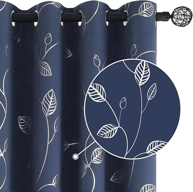 BUHUA Heat Blocking Curtains, Black Out Curtains 95 Inch Long 2 Panels Burg, Soundproof Curtains with Silver Leaf Printed (52 x 95 Inch, Navy Blue, Set of 2 Panels)