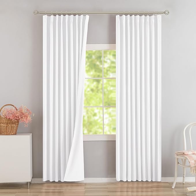 DONREN Pure Withe Pinch Pleated 50% Blackout Curtains with Hooks - 92 inch Length Room Darkening Thermal Insulated Window Curtain Panels for Living Room Bedroom 2 Panel 40" Wx94 L