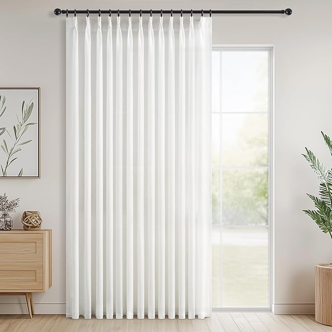 Topfinel White Pinch Pleated Linen Curtains 102 Inch Length 1 Panels for Bedroom Living Room Textured Cream Semi Sheer Window Curtain Boho Neutral Back Tab Pinch Pleat Drape with Hooks 102 Inches Long