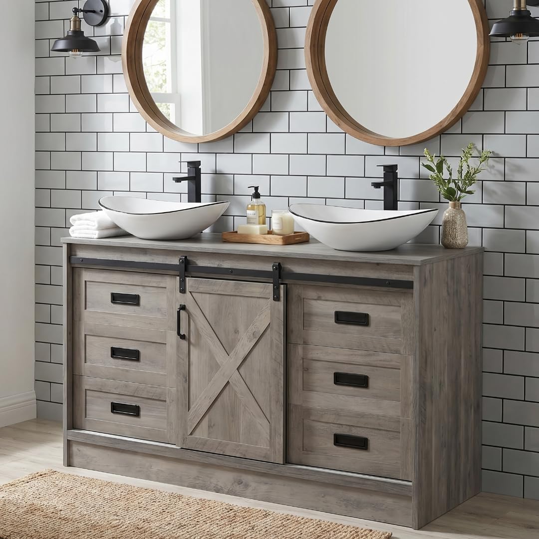 SOLIDEE 48 inch Barn Door Bathroom Vanity with 6 Drawers, Farmhouse Style Standing Pedestal Cabinet with Two White Ceramic Boat Sink with Black Trim