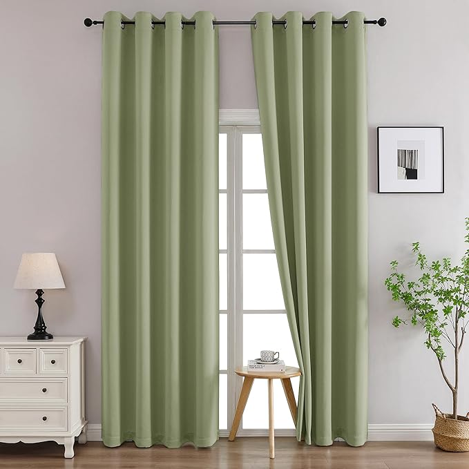 Simplebrand Sage Green Curtains for Bedroom Living Room 96 Inches Long 2 Panels Set, Room Darkening Thermal Insulated Curtains & Drapes, Solid Grommet Noise Reducing Window Treatment, W50 x L96 Inch
