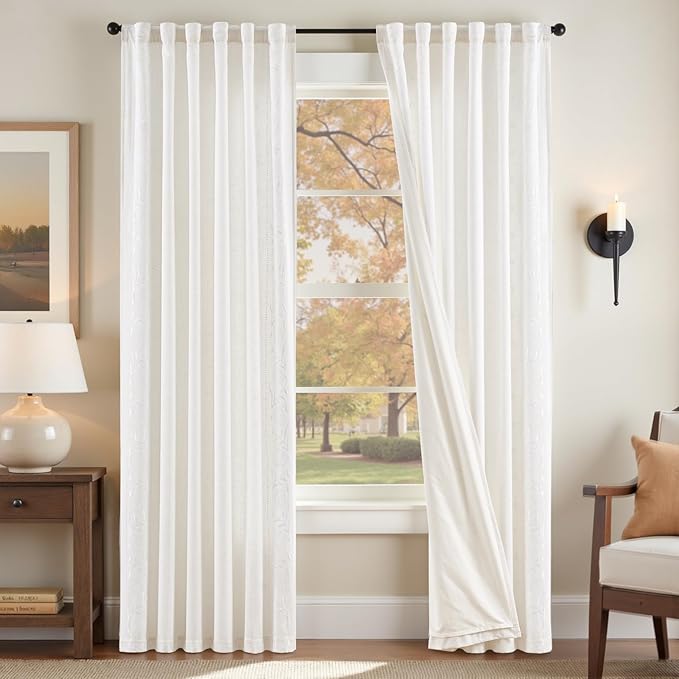 jinchan Winslow Lined Linen Curtains for Bedroom 84 Inches Linen Blended Embroidered Bordered Floral Curtains for Living Room Farmhouse Decor Window Treatments White on White Drapes 2 Panels