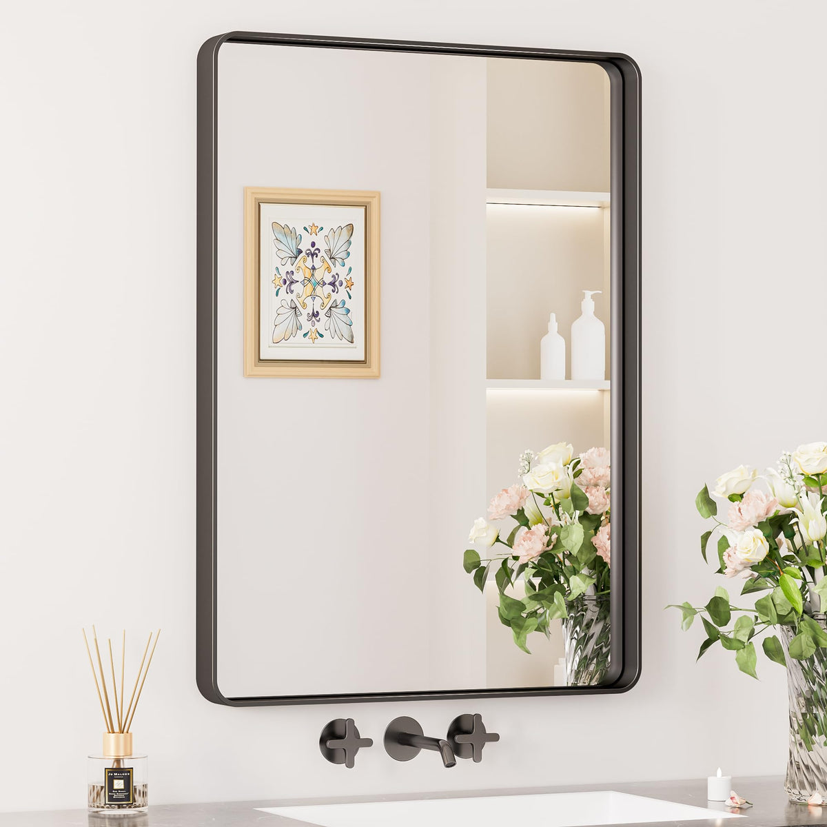 Keonjinn 22 x 30 Inch Black Vanity Mirror, Aluminum Frame Bathroom Mirror