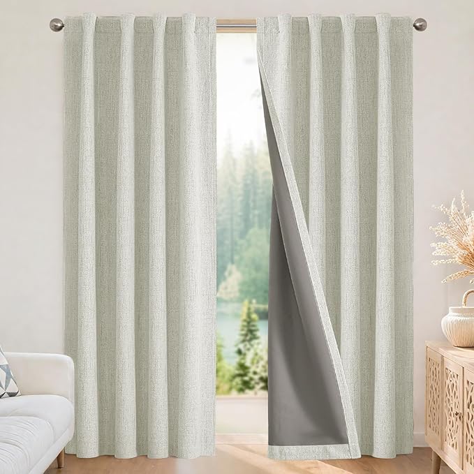Joydeco Blackout Curtains for Bedroom - 100% Light Blocking 2 Panels Light Beige Drapes 66"W x 96"L, Thermal Insulated Room Darkening Curtains, Linen Textured for Living Room, Rod Pocket & Back Tabs