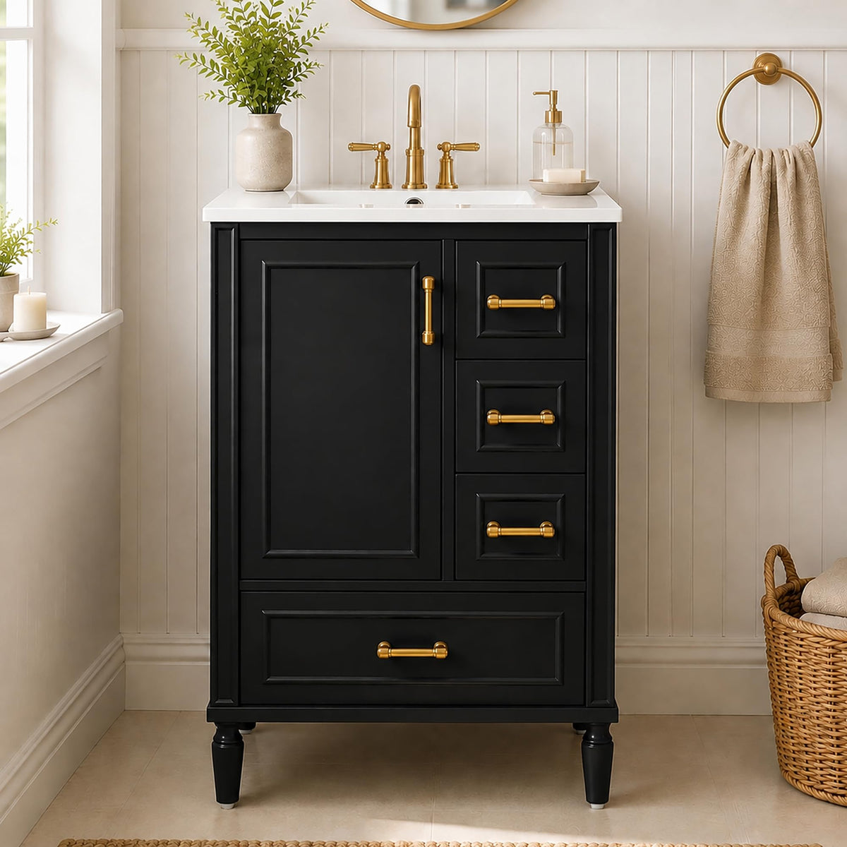LUMISOL 24 Inch Bathroom Vanity with Sink, Modern Freestanding Bathroom Cabinet with Ceramic Sink, Soft Close Door, 3 Drawers & Door Storage Shelves, Solid Wood Frame, Black