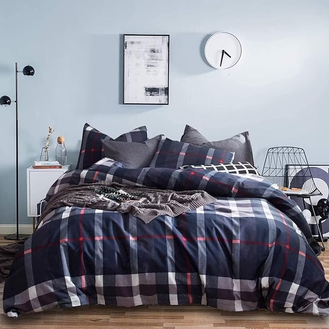 Houseri Dark Navy Plaid Comforter Sets Cal King Deep Blue Bedding Set California King Size Navy Grid Buffalo Checkered Bed Sets Tartan Gingham Check Blanekts Cali King