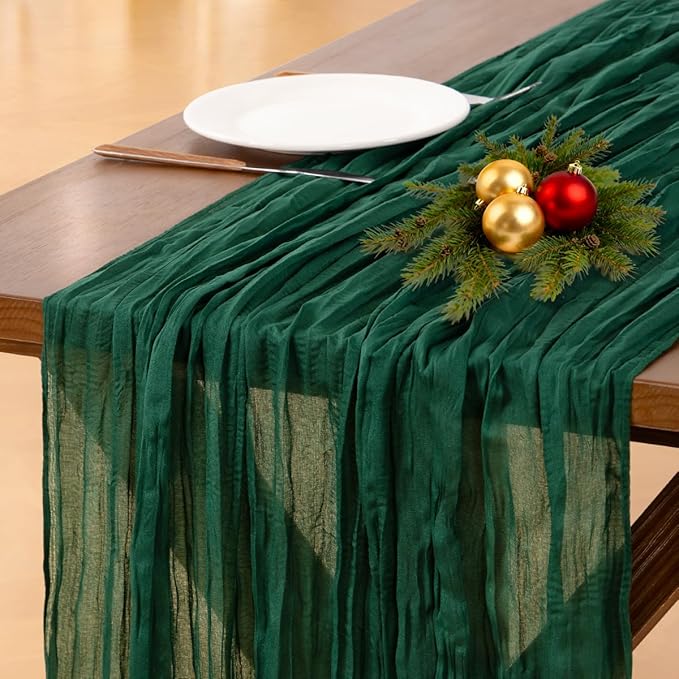 Socomi Emerald Green Cheesecloth Table Runner Christmas Boho Rustic Gauze 120 inch 10FT Cheese Cloth Runner for Wedding Party Baby Shower Birthday Home Decor Holiday Decorations