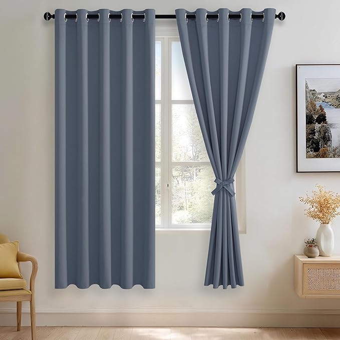 JIUZHEN Dusty Blue Blackout Curtains with Tiebacks Thermal Insulated,Light Blocking and Noise Reducing Grommet Curtains for Bedroom and Living Room, Set of 2 Window Curtain Panels, 60 x 72 Inch Length