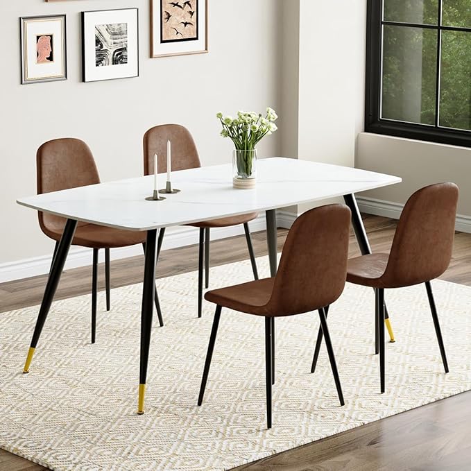 Table and Chairs Set of 4, Dining Room Table Set for 4, Sintered Stone Kitchen Table Top and Modern Chairs Set of 4 for Kitchen Dining Room