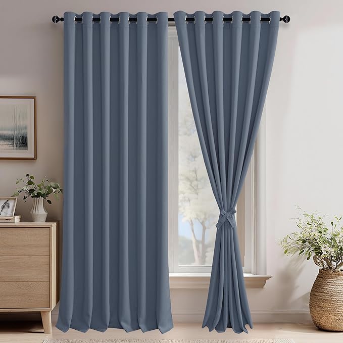 JIUZHEN Dusty Blue Blackout Curtains with Tiebacks - Light Blocking and Noise Reducing Grommet Curtains for Bedroom and Living Room, Set of 2 Window Curtain Panels, 70 x 96 Inch Length