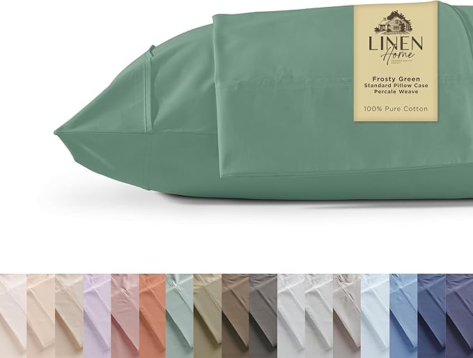 Linen Home 100% Cotton Percale Pillowcases Queen Size, Frosty Green, 2 Pieces of Pillow Case, Crisp and Cool Strong Bed Linen, 20 inches X 30 inches