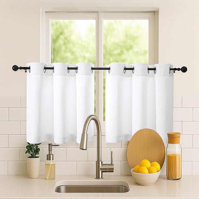 Simplebrand Pure White Short Kitchen Curtains 24 Inch Length 2 Panels Set, Light Filtering Small Windows Curtain for Bathroom, Cabinet, Basement, RV Camper, Privacy Soft Short Drapes, 40 x 24 Inch