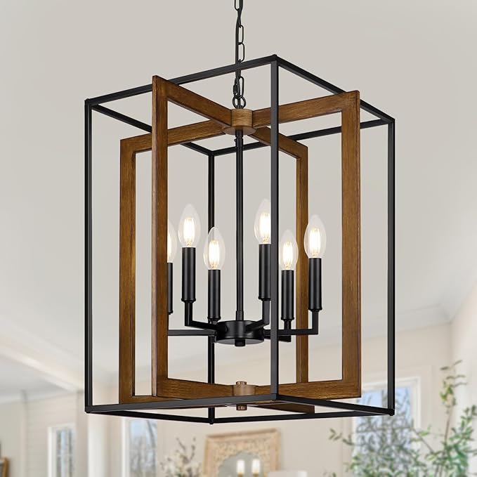 6-Light Rustic Farmhouse Chandelier for Dining Room, 20.6'' Modern Farmhouse Faux Wood Black Chandeliers, Adjustable Metal Lantern Hanging Light Fixture for Foyer, Kitchen, Entryway, Hallway