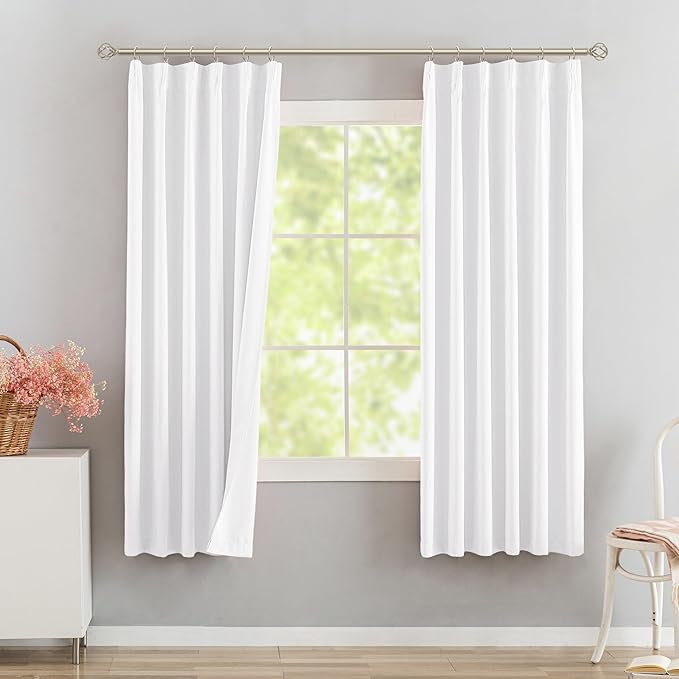 DONREN Pure Withe Pinch Pleated 50% Blackout Curtains with Hooks - 63 inch Length Room Darkening Thermal Insulated Short Window Curtain Panels for Bathroom Kids Room 2 Panel 40" Wx63 L