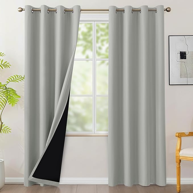 BONZER 100% Blackout Curtains 4 Panels - Thermal Insulated Light Blocking Window Drapes, Single Layer Total Room Darkening Curtain with Black Laminated Backing for Bedroom, 54 x 95 Inch, Silver Grey