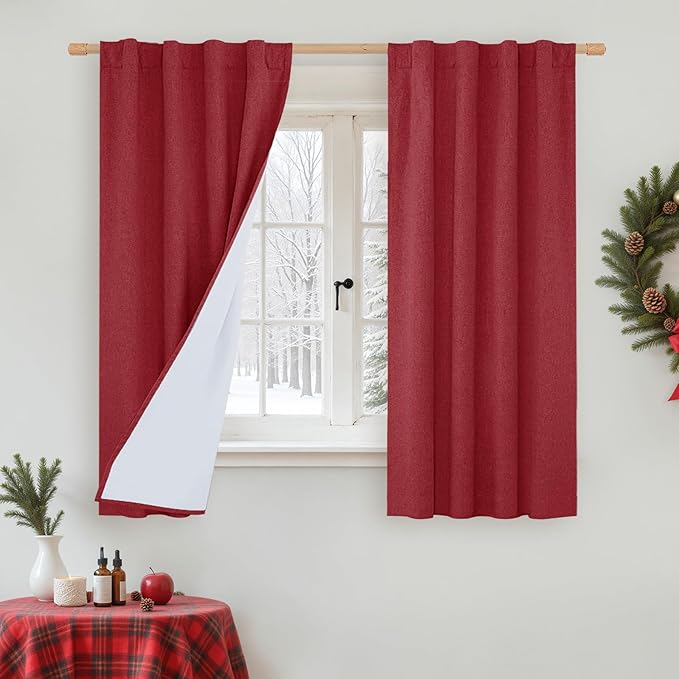 LAMIT Linen Full Blackout Window Curtains for Bedroom, 54 Inches Thermal Christmas Decor Panels Back Tab and Rod Pocket Privacy Protected Burlap Drapes with White Liner, 2 Panels, 38 x 54 Inch, Red
