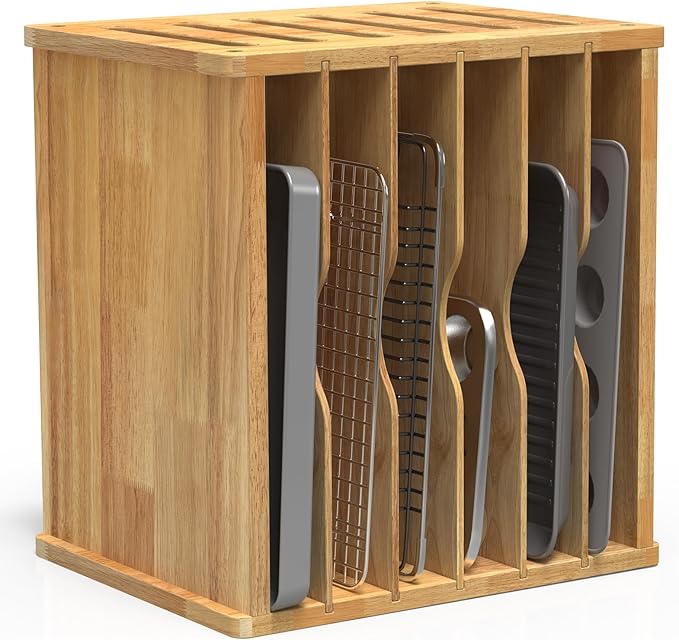 7 Tier Rubber Wood Tray Dividers for Cabinets, Heavy Weight Kitchen Vertical Tray Divider Organizer, Storing pans, Baking trays, Cutting Board(16.7" W x 16.1" H x 12.4" D)