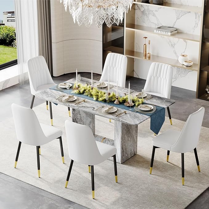 Dinner Table Set for 6, 7 Piece Dining Table Set with Chairs, 63" Faux Marble Modern Table with 6 PU Leather Upholstered Chairs, for Kitchen & Dining Room