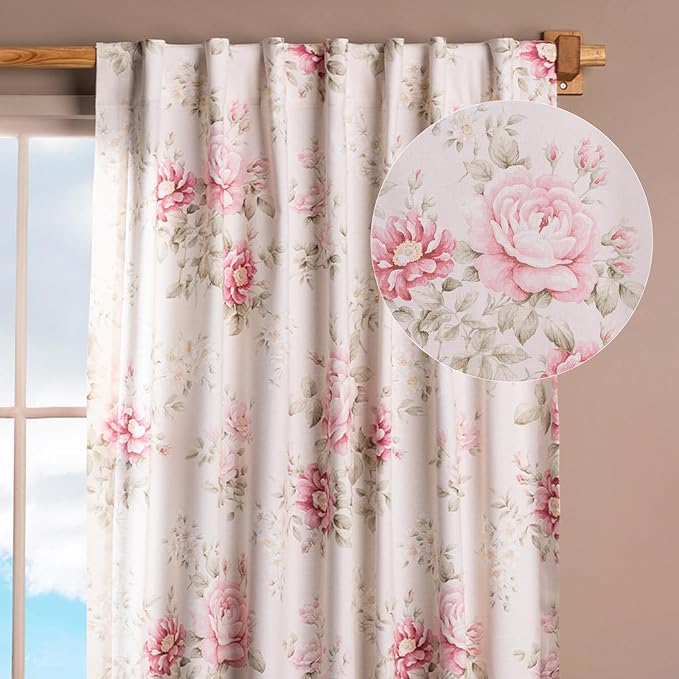 Maison d' Hermine Curtains for Living Room 100% Cotton 108 inch Length One Panel Light Filtering Curtains for Bedroom Windows with Rod and Loop Pockets Drapes (Newburry Rose Bloom, 50" W x 108" L)