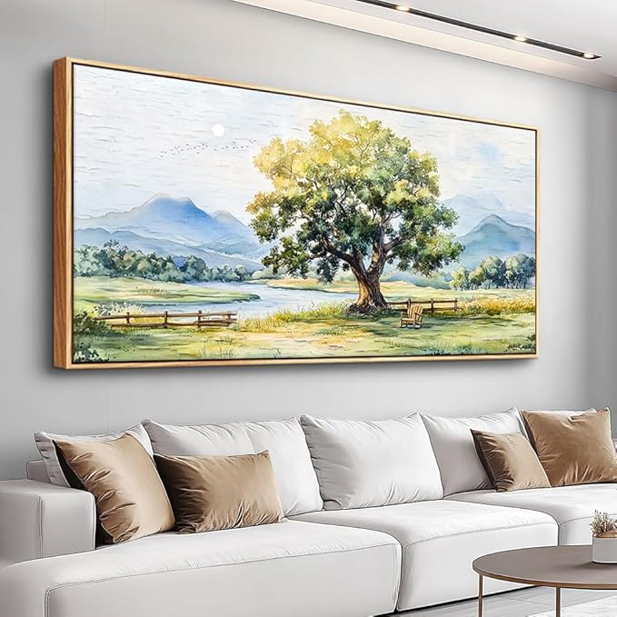 PHAOHUAXM Large Canvas Wall Art For Living Room Wall Decor For Office Bedroom Hotel room Green Tree Ink-Wash Landscape Painting Wood Framed Farmhouse Home Decoration Artwork Ready To Hang 24x48In