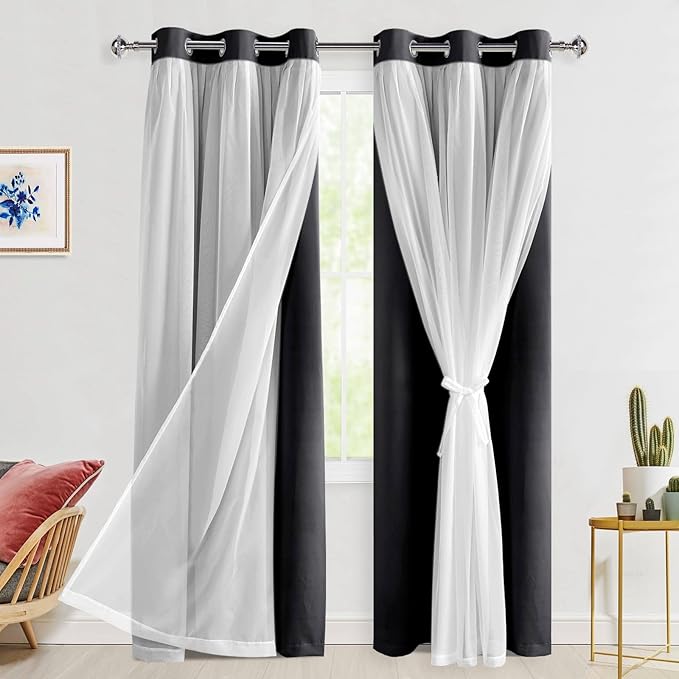 Hiasan Black Blackout Curtains with Sheer Overlay, Grommet Thermal Insulated Mix & Match Double Layer Window Curtains for Bedroom, Living Room, 2 Drape Panels Sewn with Tiebacks, 42W X 84L