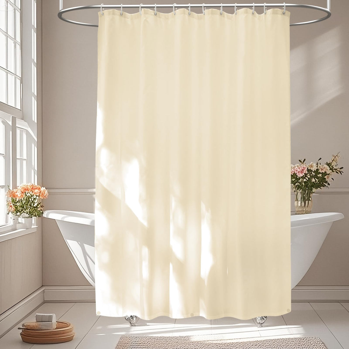 Seenus Waterproof Fabric Shower Curtain Liner with 3 Extra-Large Magnets, 72 x 72 inch Washable Cloth Shower Liner Elegant Hotel Quality, Neutral Cream Lightweight Shower Curtain for Bathroom