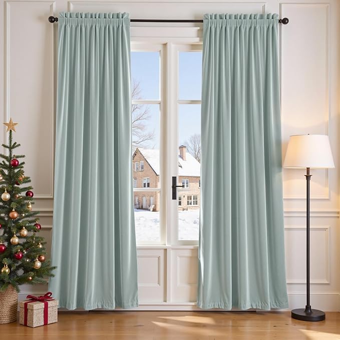 Lazzzy Velvet Blackout Curtains Thermal Insulated Room Window Drapes Super Soft Luxury Curtains for Living Room Bedroom Rod Pocket 2 Panels, Misty Blue, 52" W x 102" L