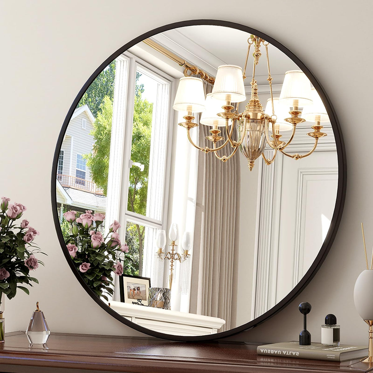 XRAMFY 30 Inch Round Mirror-Black Circle Mirrors for Bathroom, Entryway