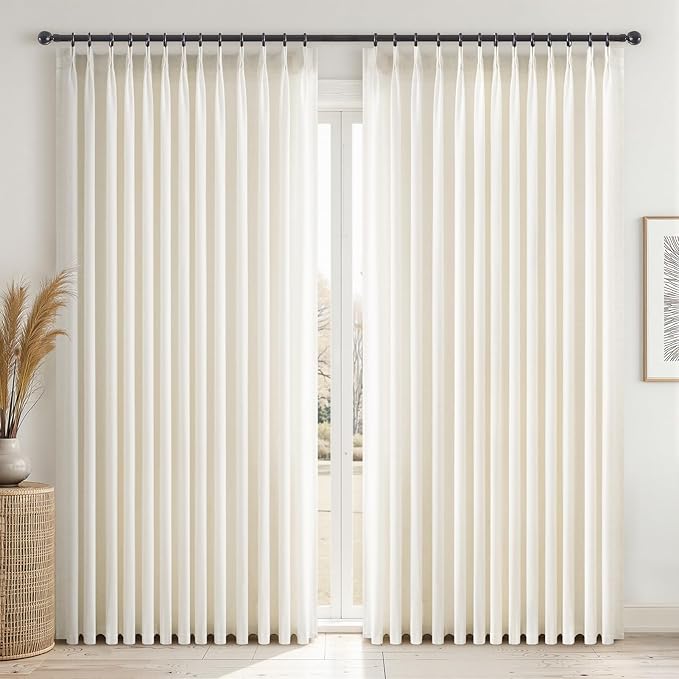 Topfinel 105 Inch Curtains 2 Panels Set,Two Packs Pinch Pleat Back Tab Linen Window Semi Sheer Privacy Thick Decorative Curtain Drapes for Living Room Bedroom,72x105 in Long,Ivory/Off White