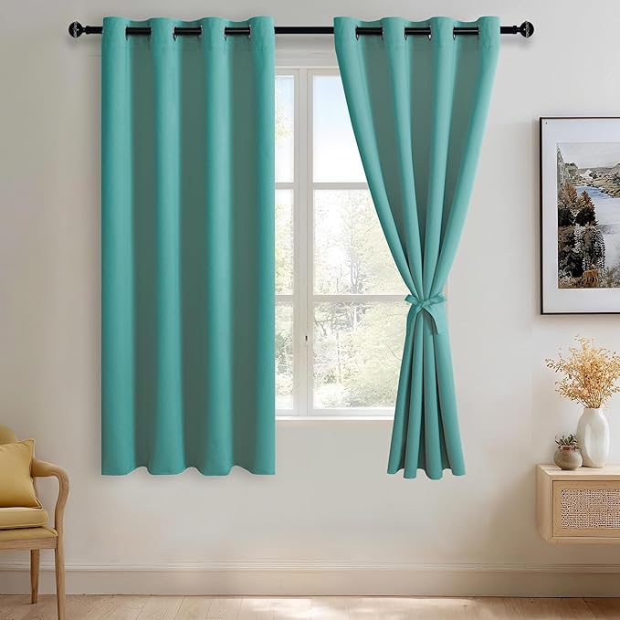 JIUZHEN Turquoise Blackout Curtains with Tiebacks-Thermal Insulated, Light Blocking and Noise Reducing Grommet Curtain Drapes for Bedroom and Living Room, Set of 2 Curtain Panels, 52x63 Inch Length