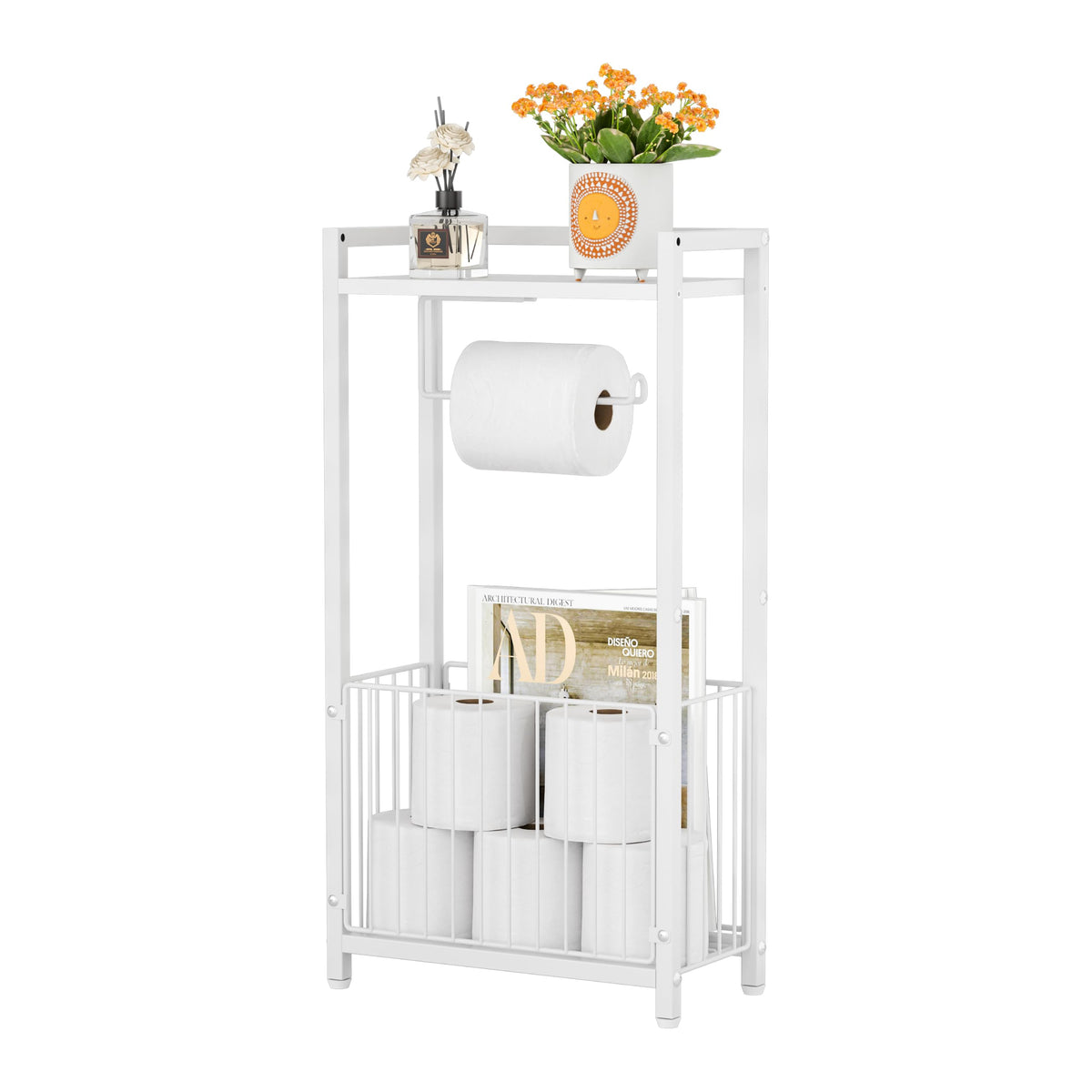Freestanding Toilet Paper Holder with Storage Shelf, White