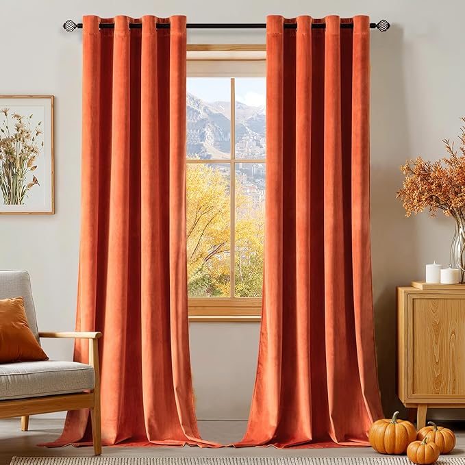 MIULEE 90 Inches Velvet Curtains Burnt Orange Elegant Grommet Curtains Fall Thermal Insulated Soundproof Room Darkening Curtains/Drapes for Classical Living Room Bedroom Decor 52 x 90 Inch Set of 2